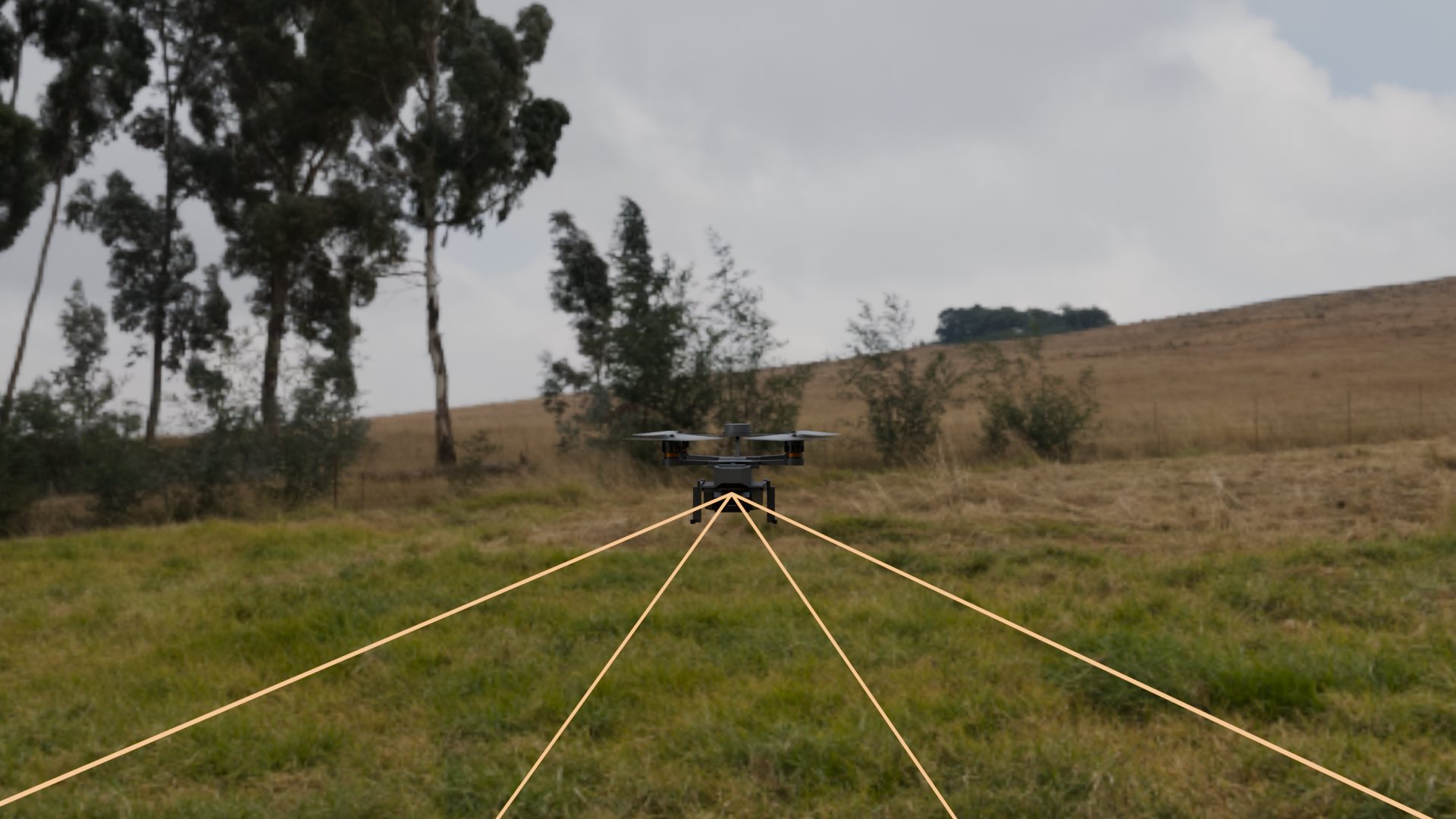 CAD render: the aircraft over a field with the camera's field of view drawn on the ground