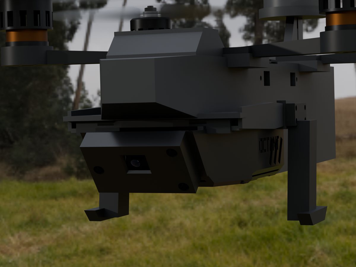 CAD render of the Octant module mounted under the aircraft, camera window at the nose