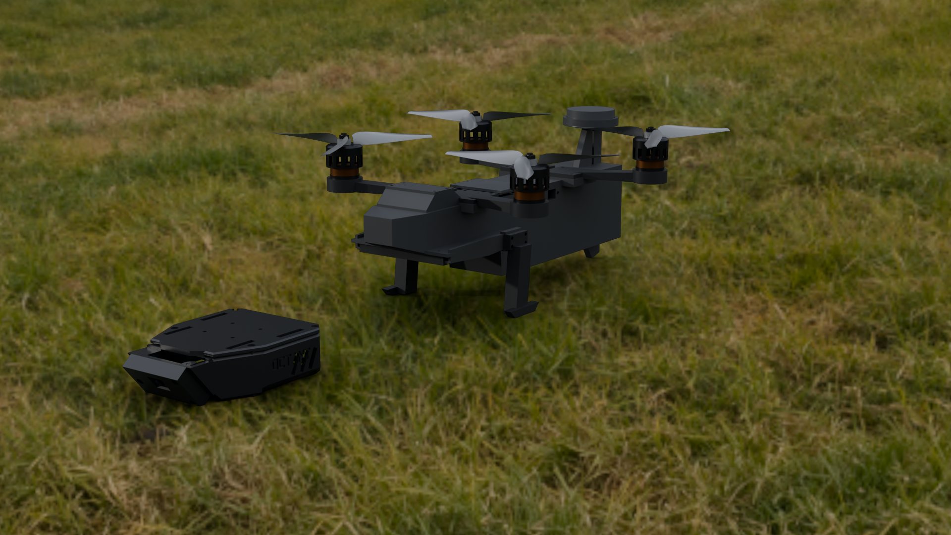 CAD render: the Octant module on the grass beside the aircraft it mounts to
